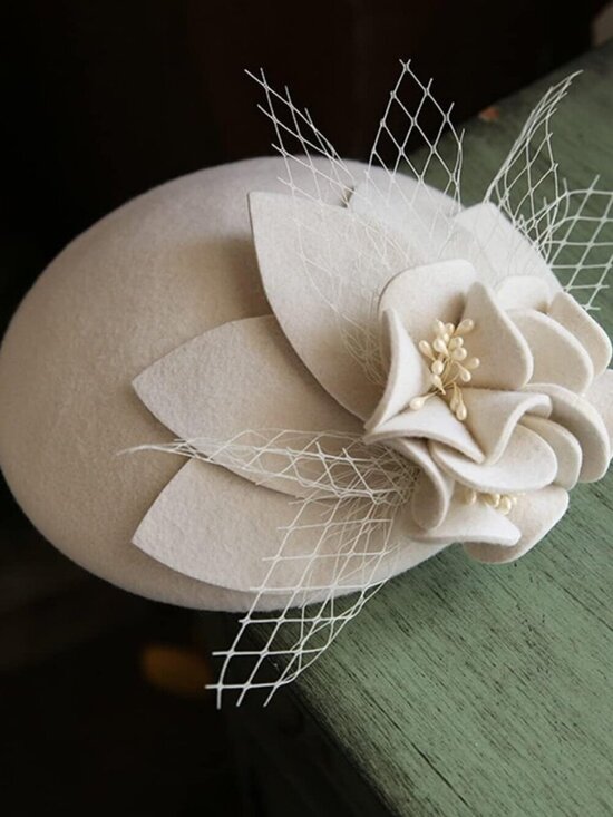 Women\'s Vintage 100% Wool Felt Cloche Bucket Bowler Hat Winter Vintage Bow White